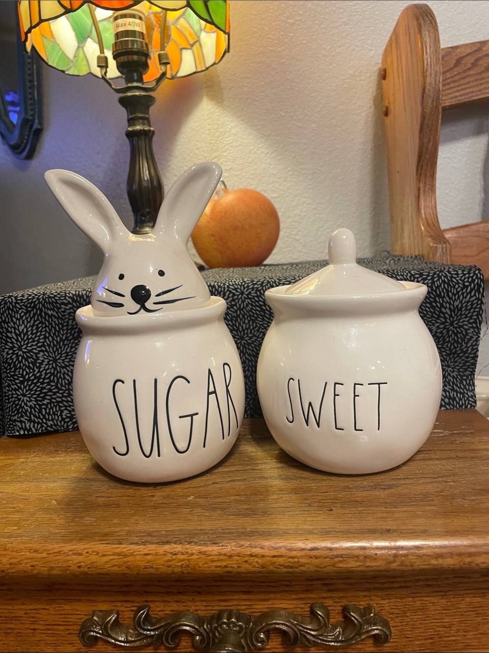 Rae Dunn set of 2 round Canisters SUGAR bunny topper & SWEET with cute knob lid